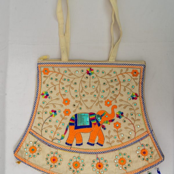 Women embriodered Off White/ cream color - Shoulder bag-Elephant Orange